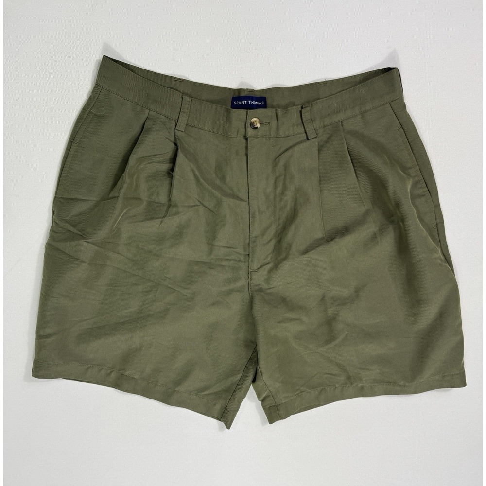 Grant Thomas Mens 36 Green Pleated Vacation Shorts Lightweight Rayon Chino 8in